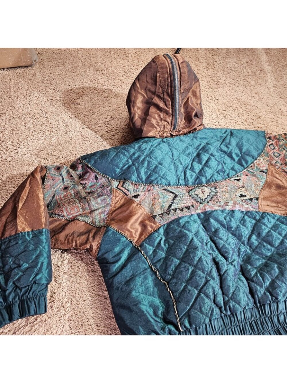 Vintage East West Coat Womens M Quilted Hood Faux Fur Trim Jacket Boho Y2K - Picture 11 of 14